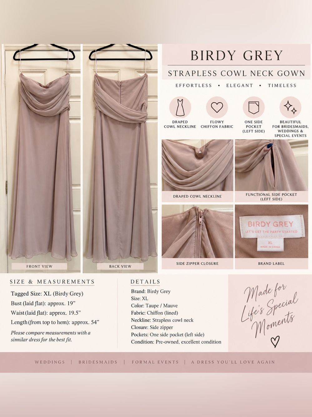 Birdy Grey Light Mauve Chiffon Cowl Neck Bridesmaid Maxi Dress XL With Pocket
